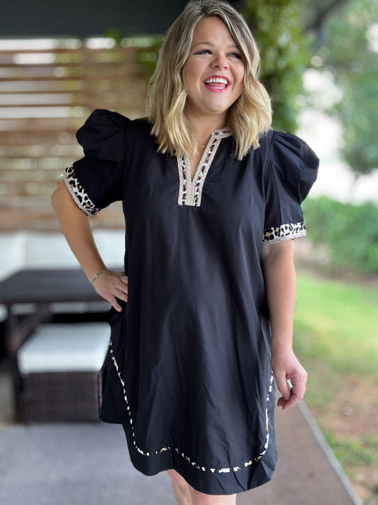 On the Wild Side Curvy Black Leopard Trim Dress