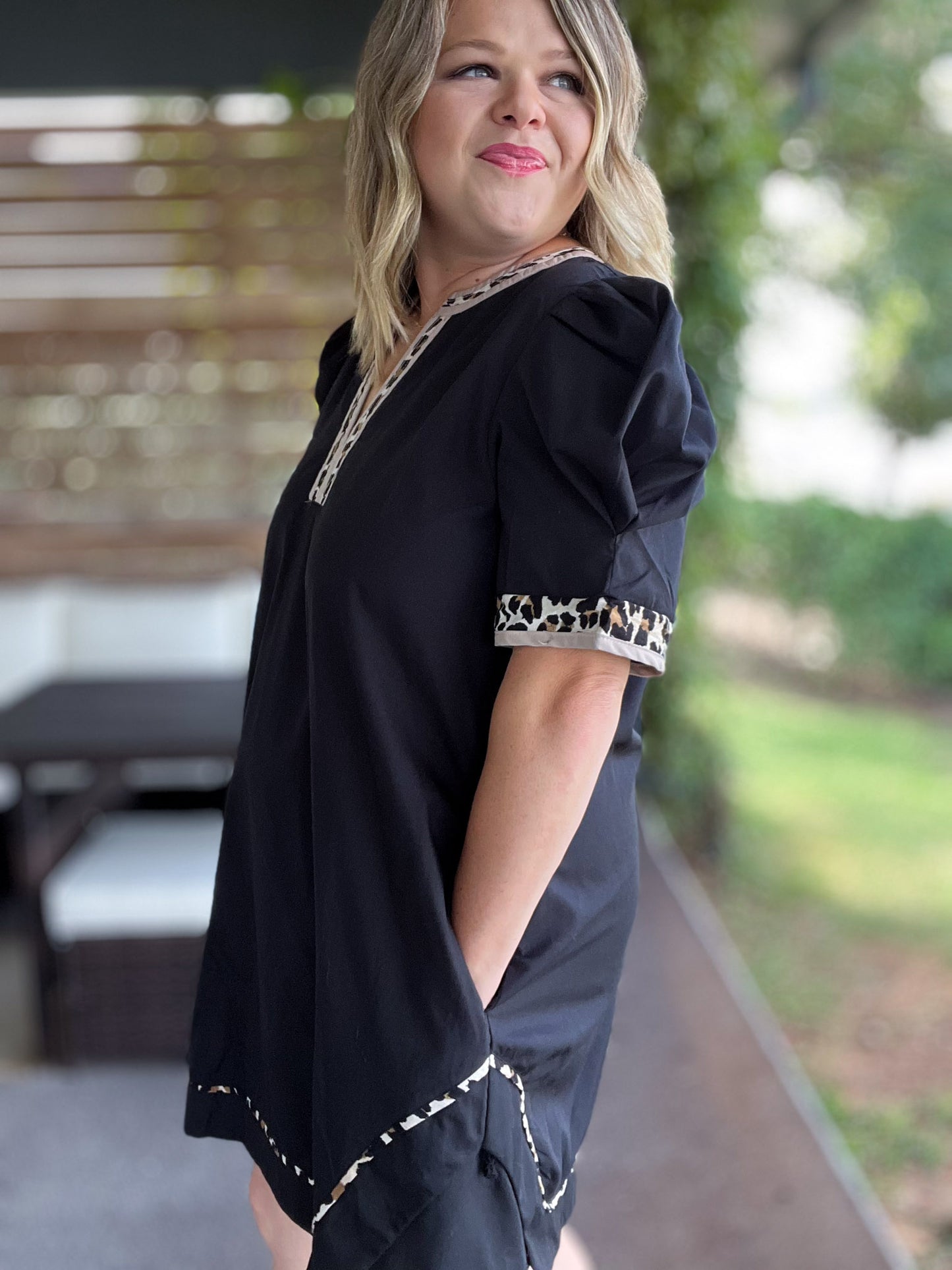 On the Wild Side Curvy Black Leopard Trim Dress