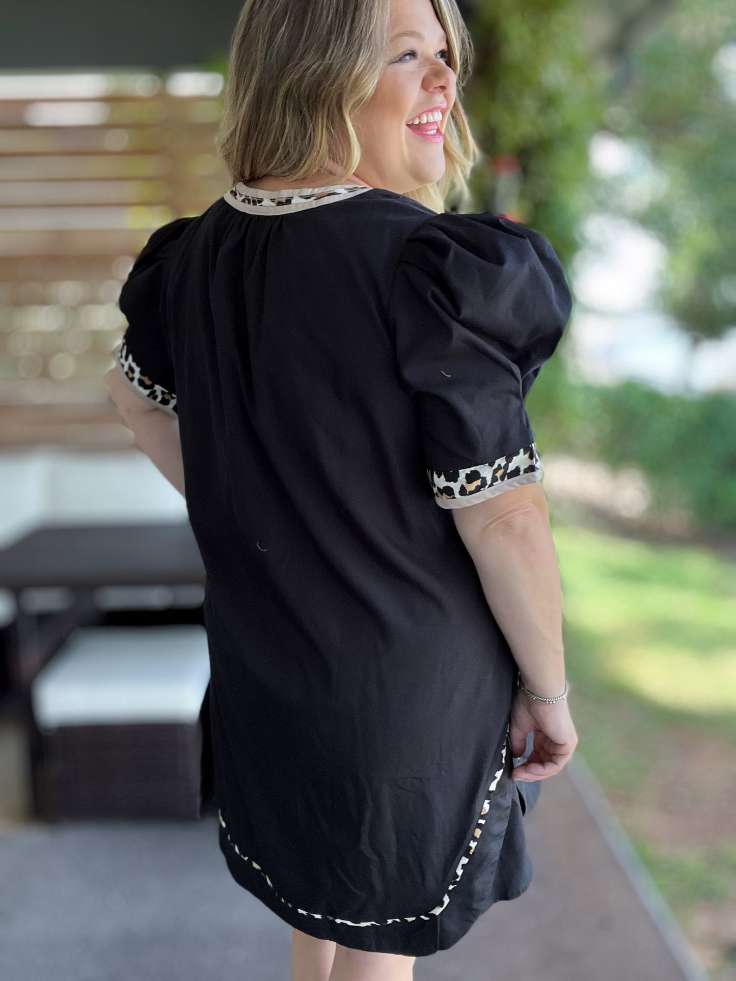 On the Wild Side Curvy Black Leopard Trim Dress