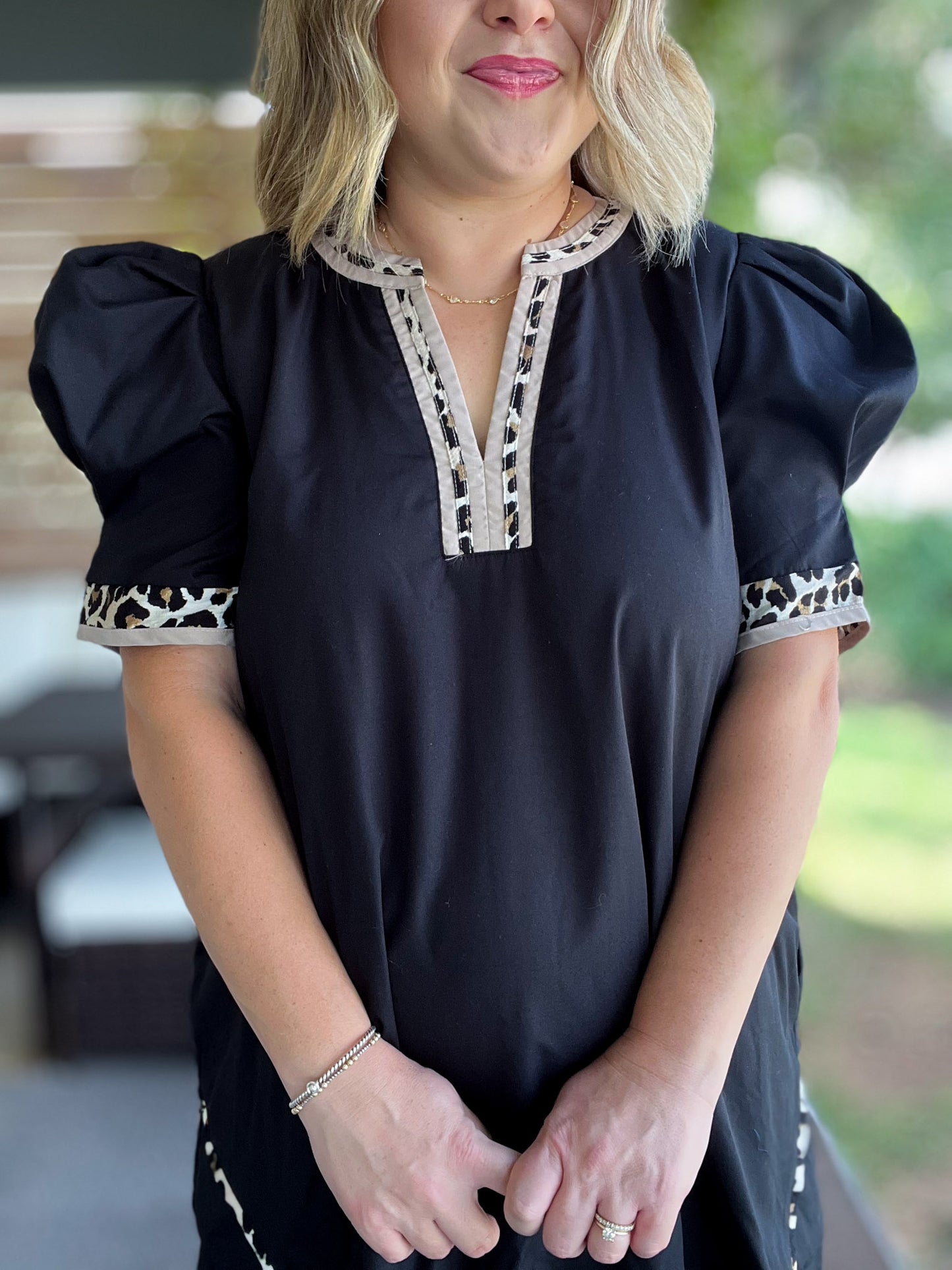 On the Wild Side Curvy Black Leopard Trim Dress