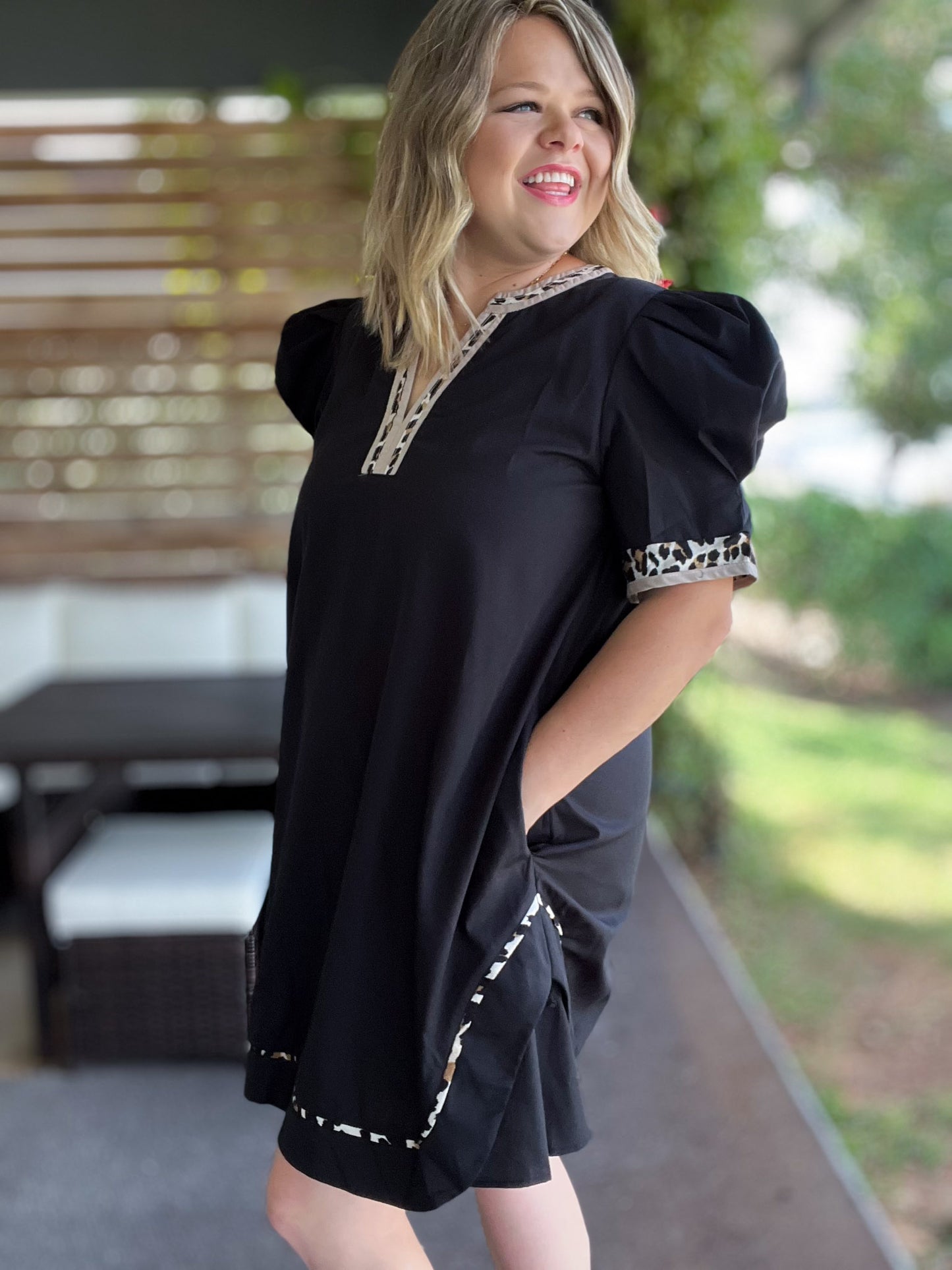 On the Wild Side Curvy Black Leopard Trim Dress