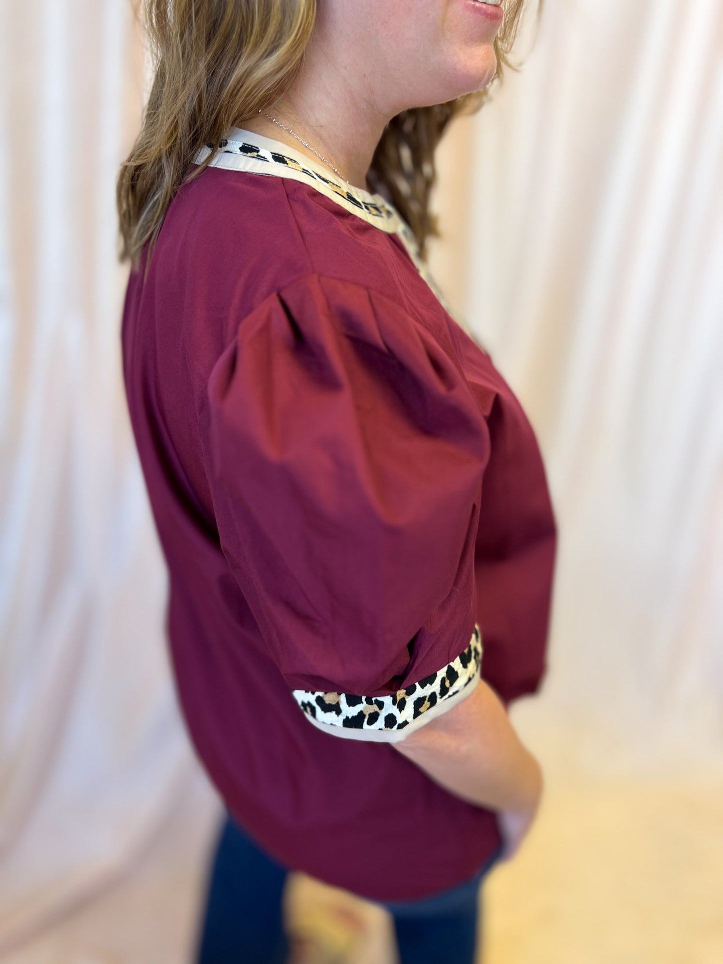 Out of Your League Curvy Maroon Top with Cheetah Trim