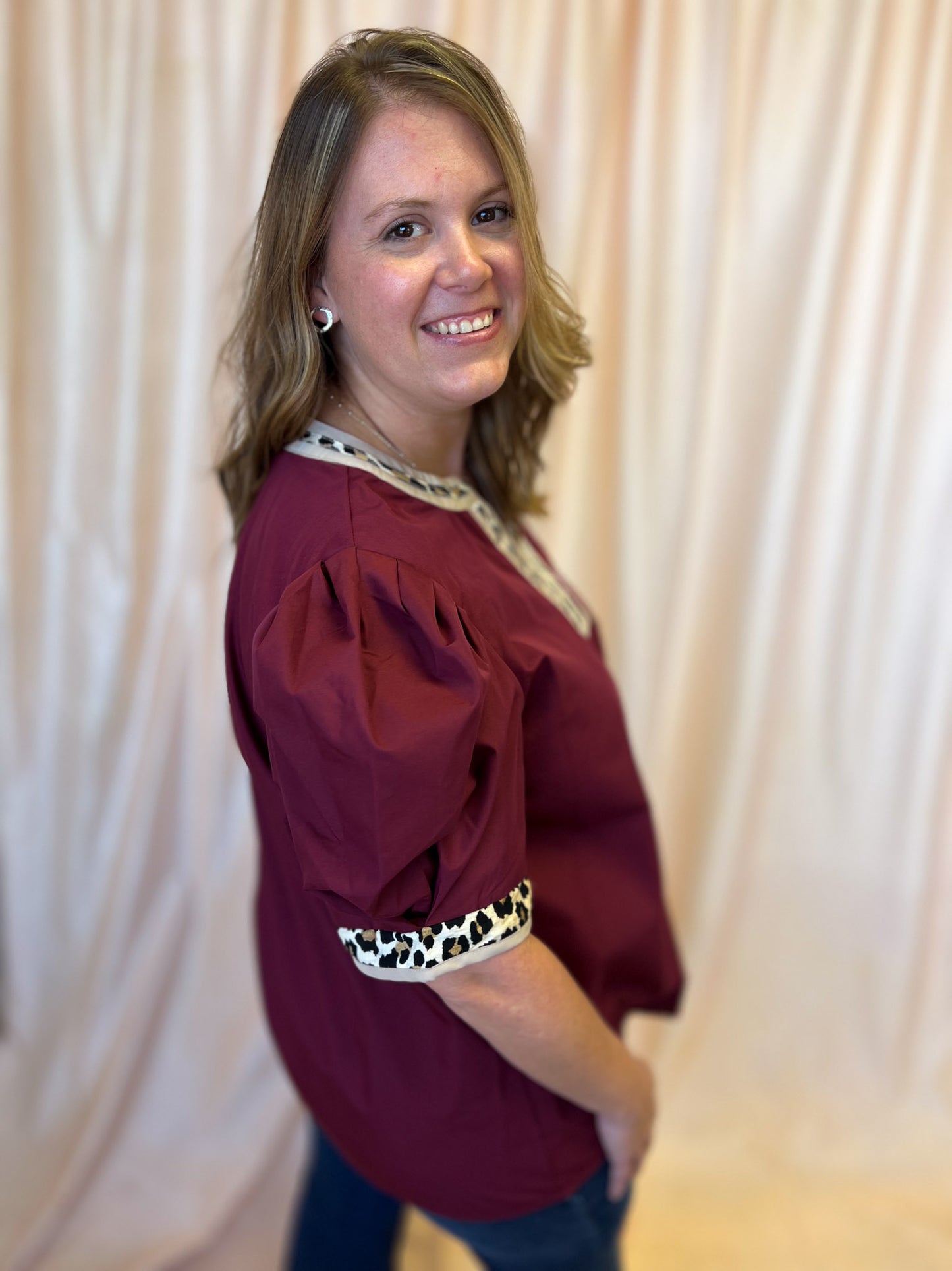 Out of Your League Curvy Maroon Top with Cheetah Trim