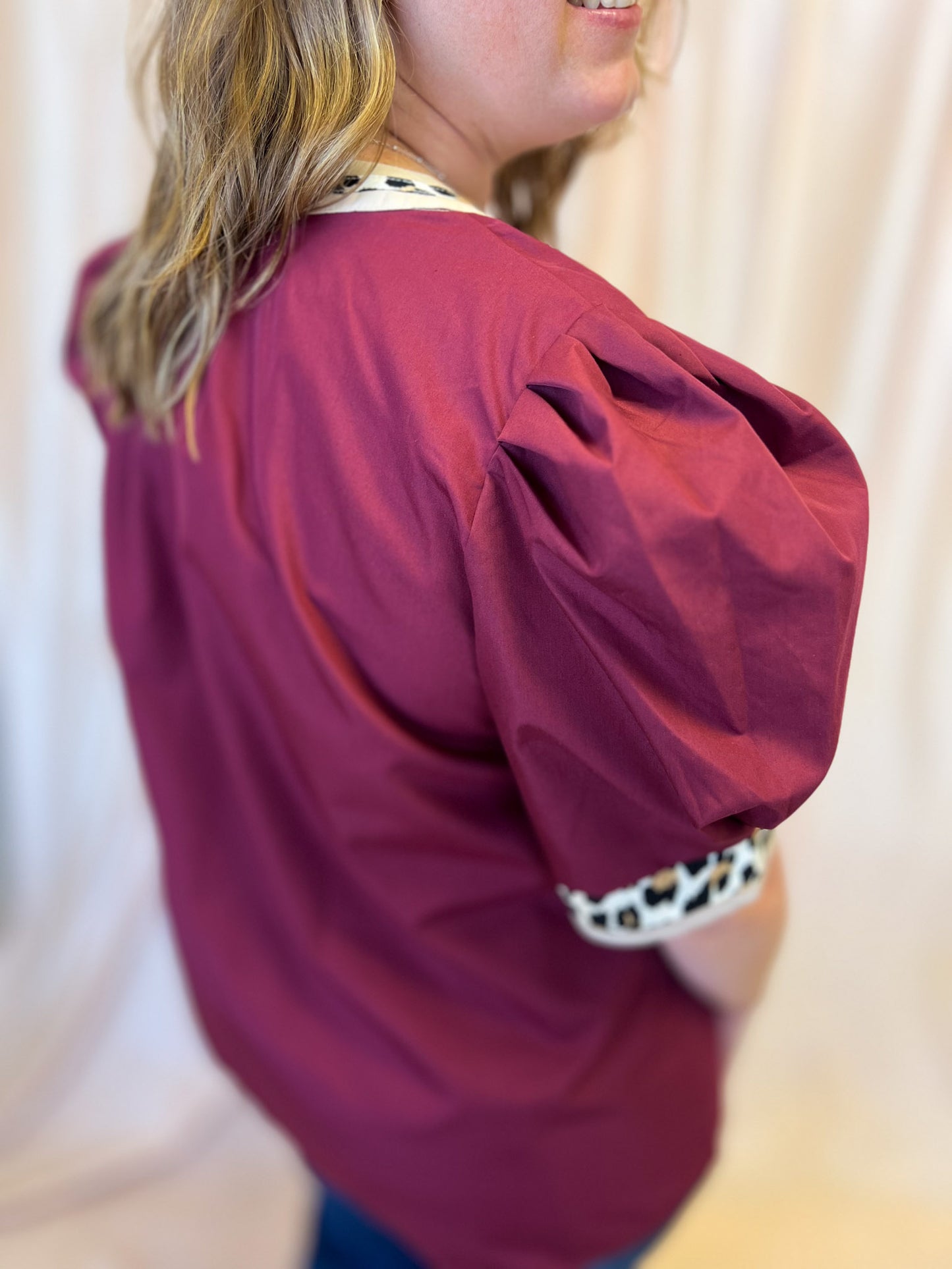 Out of Your League Curvy Maroon Top with Cheetah Trim
