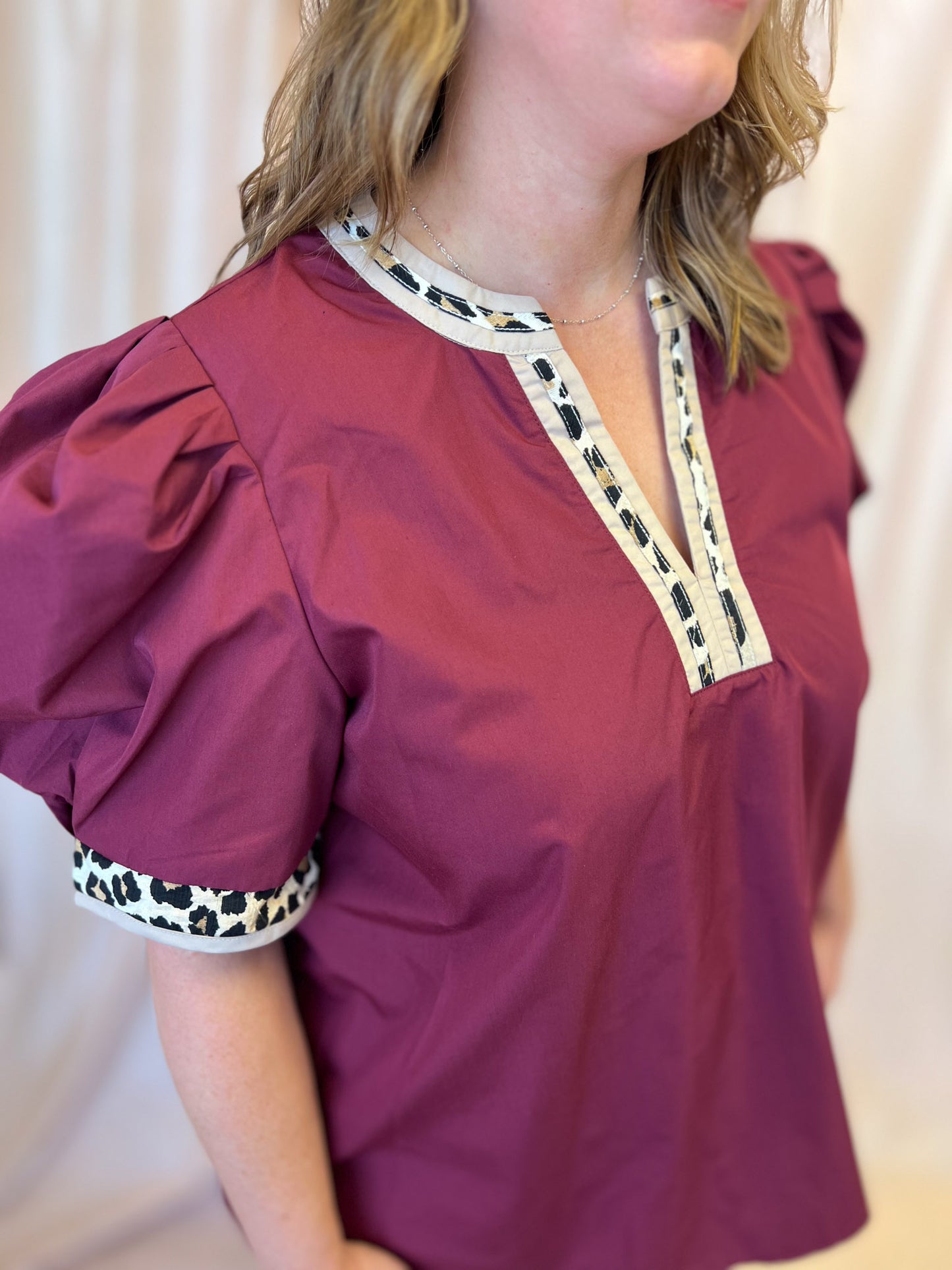 Out of Your League Curvy Maroon Top with Cheetah Trim