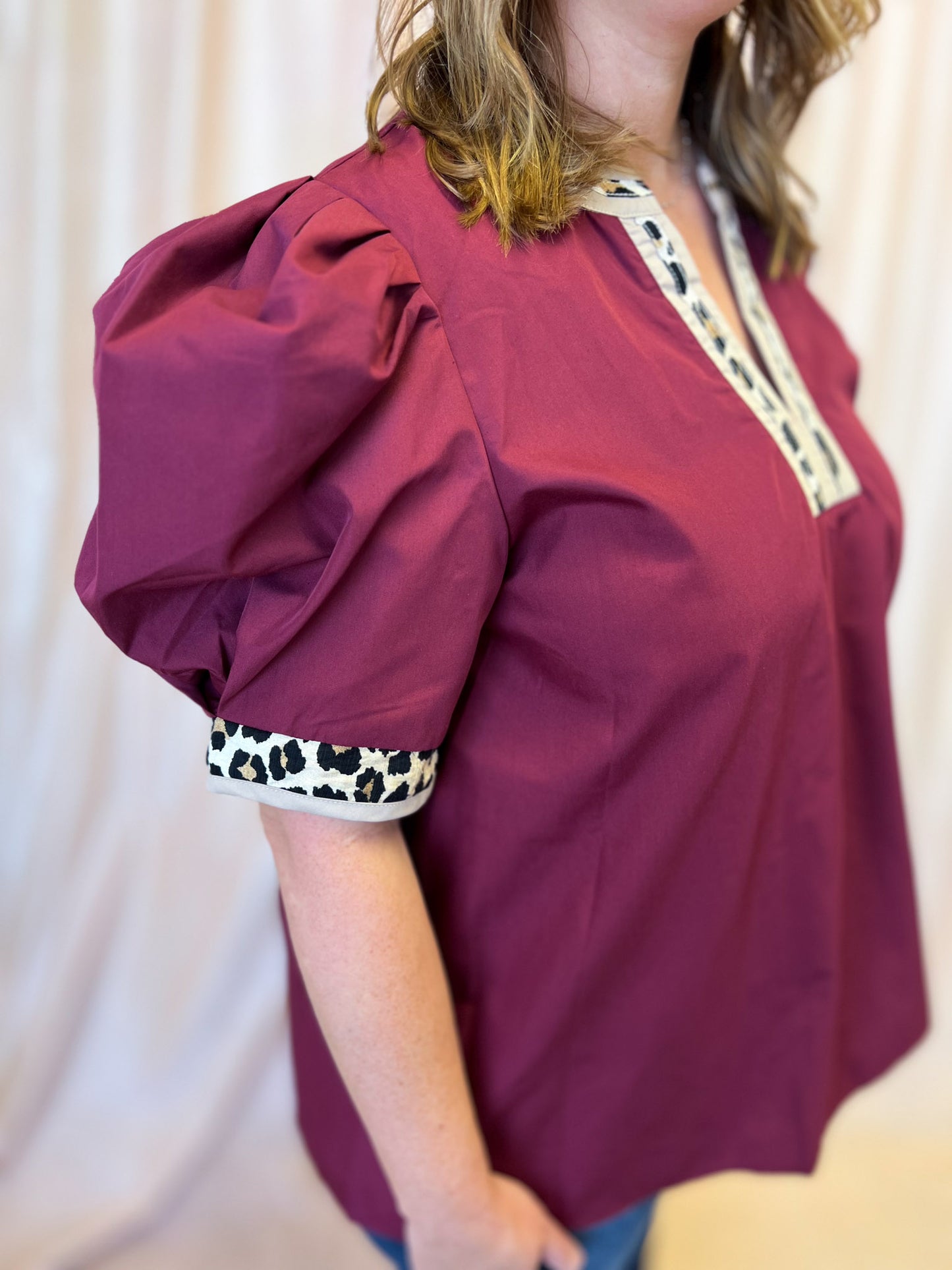 Out of Your League Curvy Maroon Top with Cheetah Trim