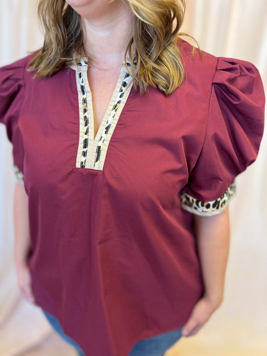 Out of Your League Curvy Maroon Top with Cheetah Trim