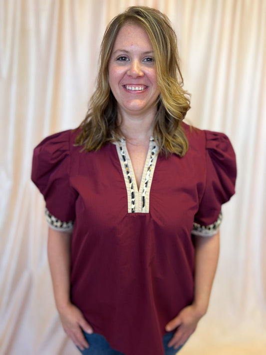 Out of Your League Curvy Maroon Top with Cheetah Trim