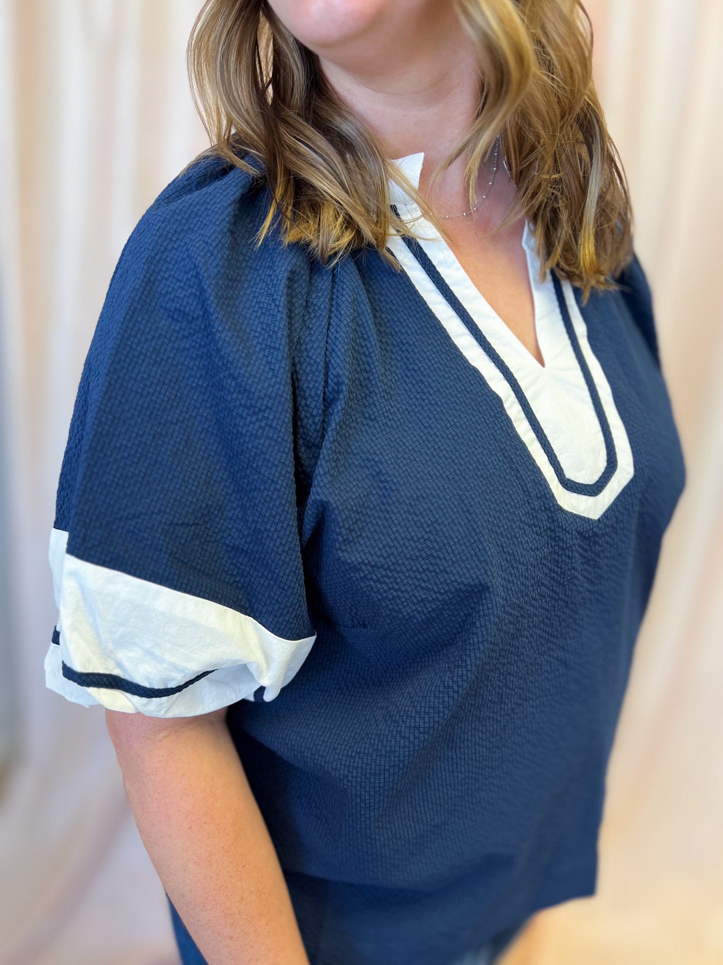 Out of the Park Curvy Navy Top with White Trim