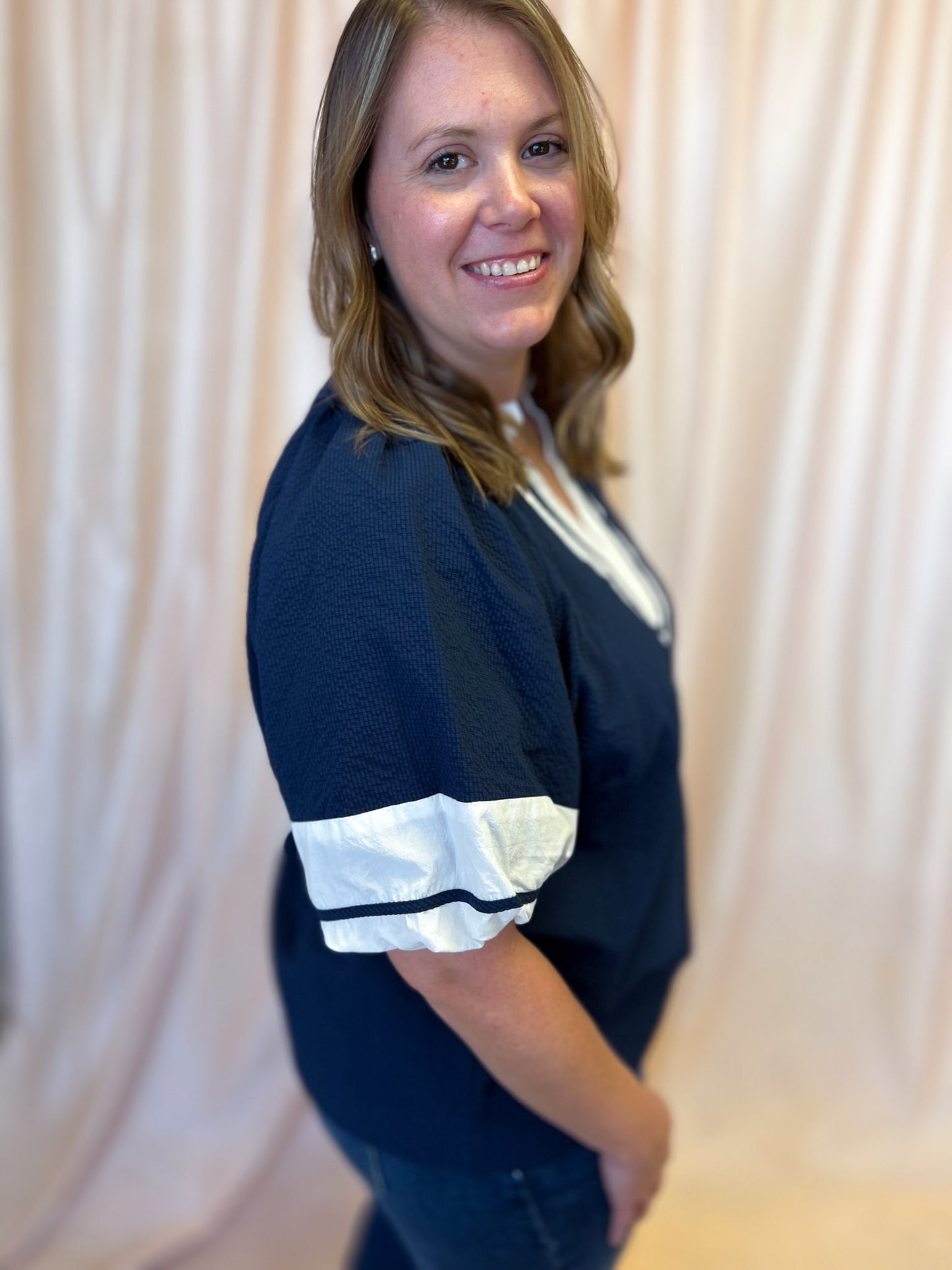 Out of the Park Curvy Navy Top with White Trim