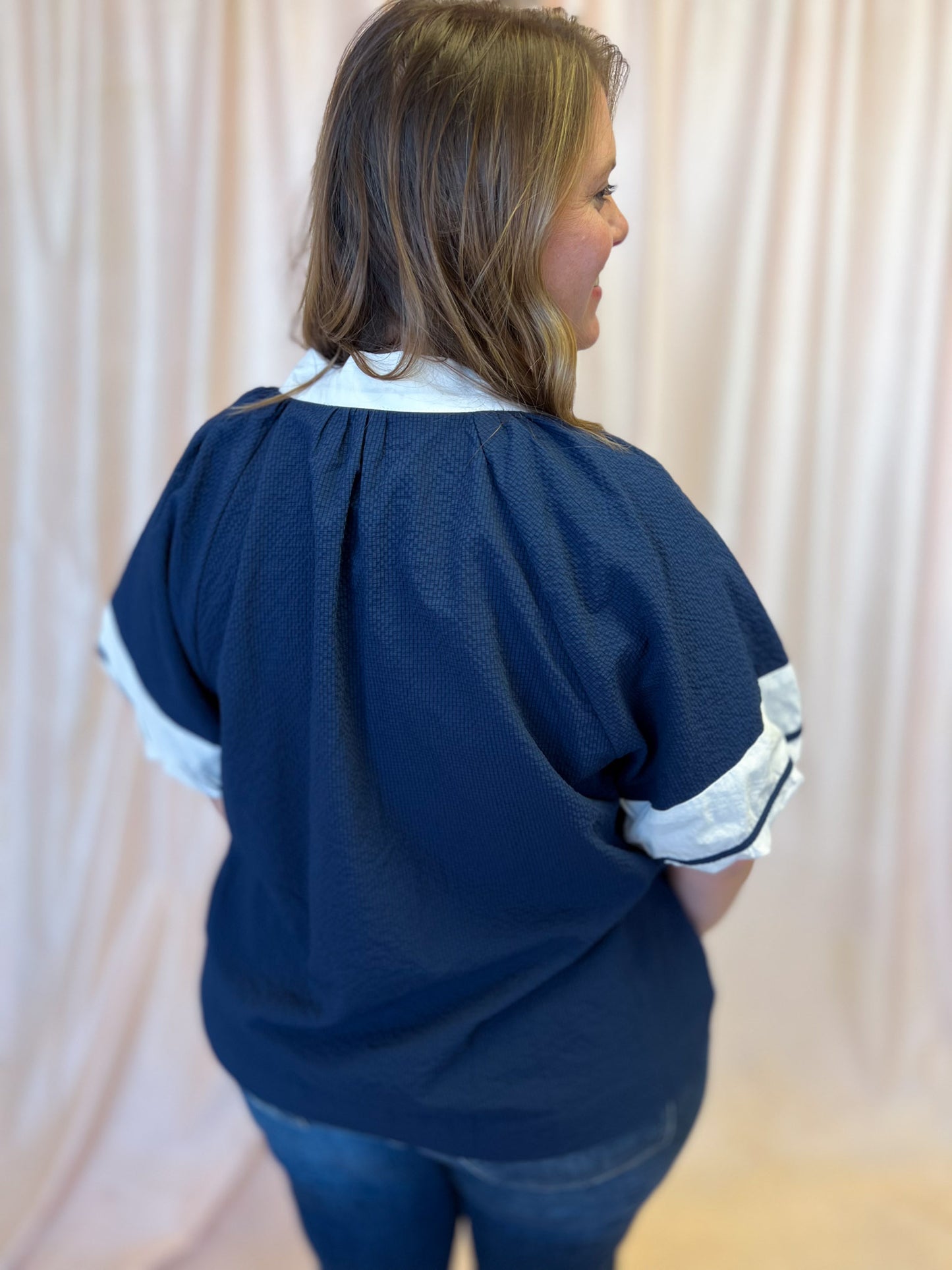 Out of the Park Curvy Navy Top with White Trim