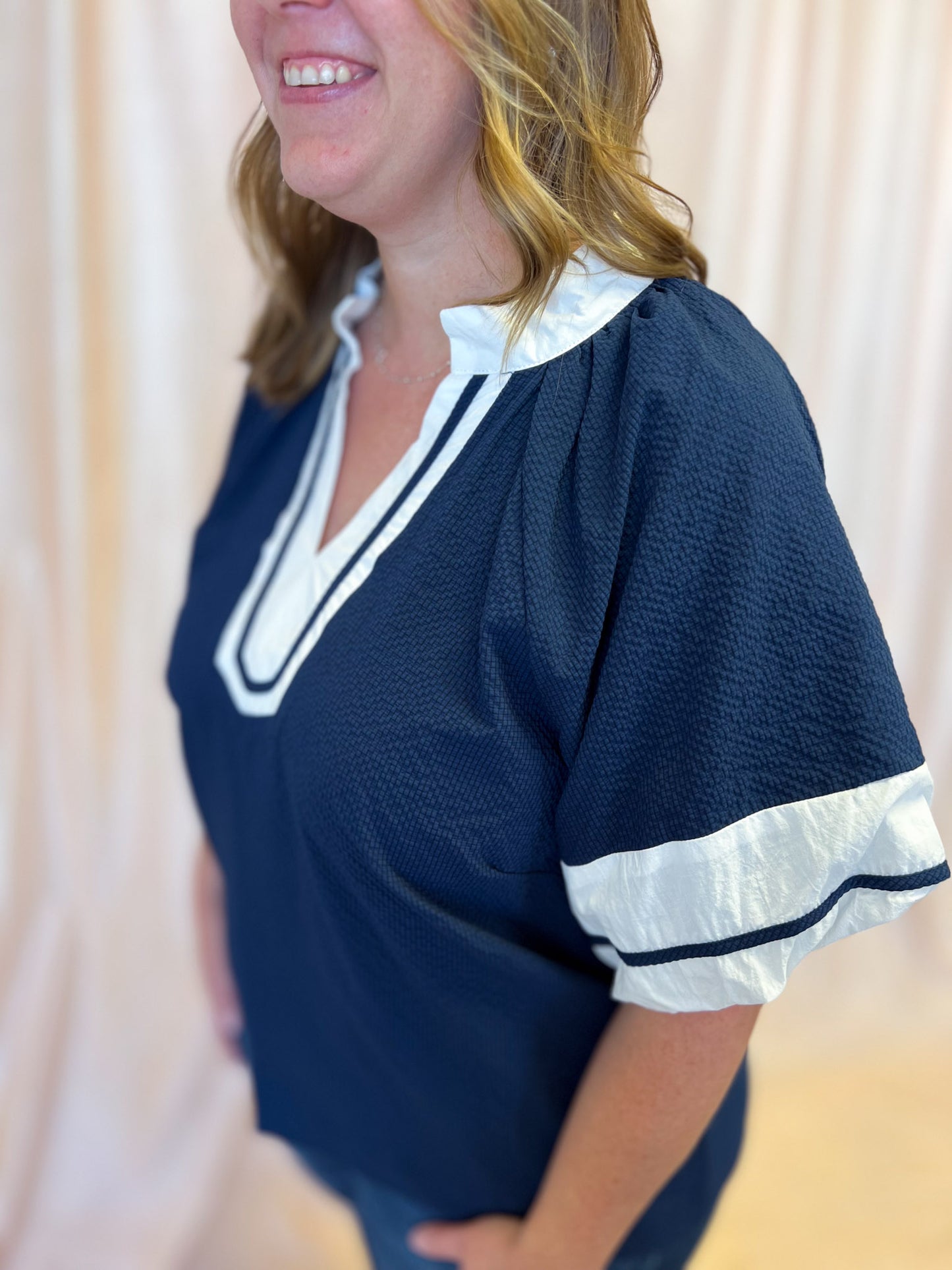 Out of the Park Curvy Navy Top with White Trim