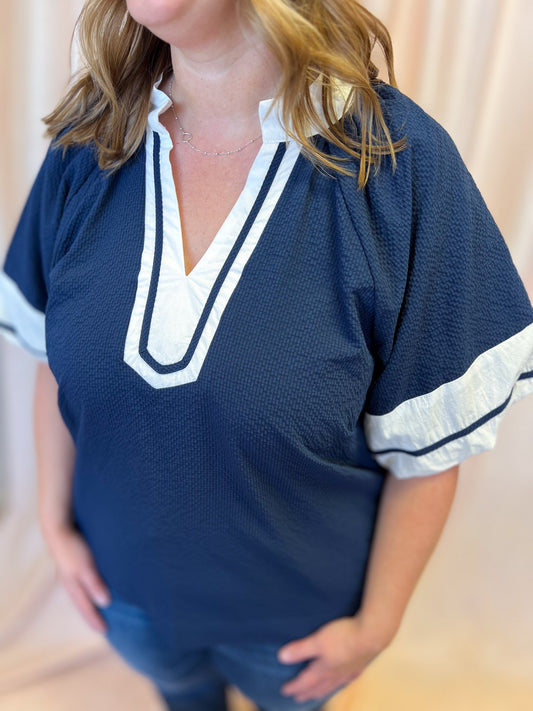 Out of the Park Curvy Navy Top with White Trim