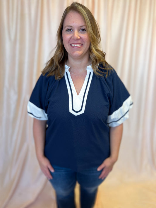 Out of the Park Curvy Navy Top with White Trim