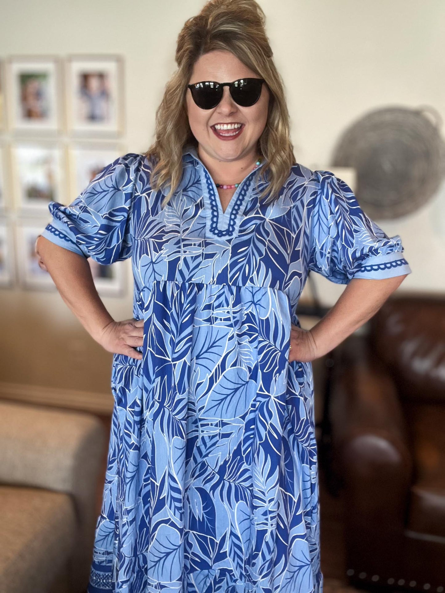 Palm Breeze Curvy Blue Midi Dress
