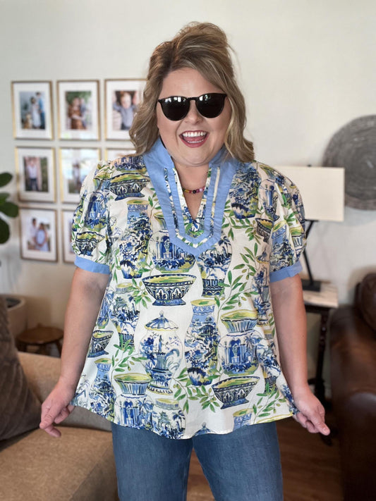 Paradise Preppy Curvy Cream Chinoiserie Top
