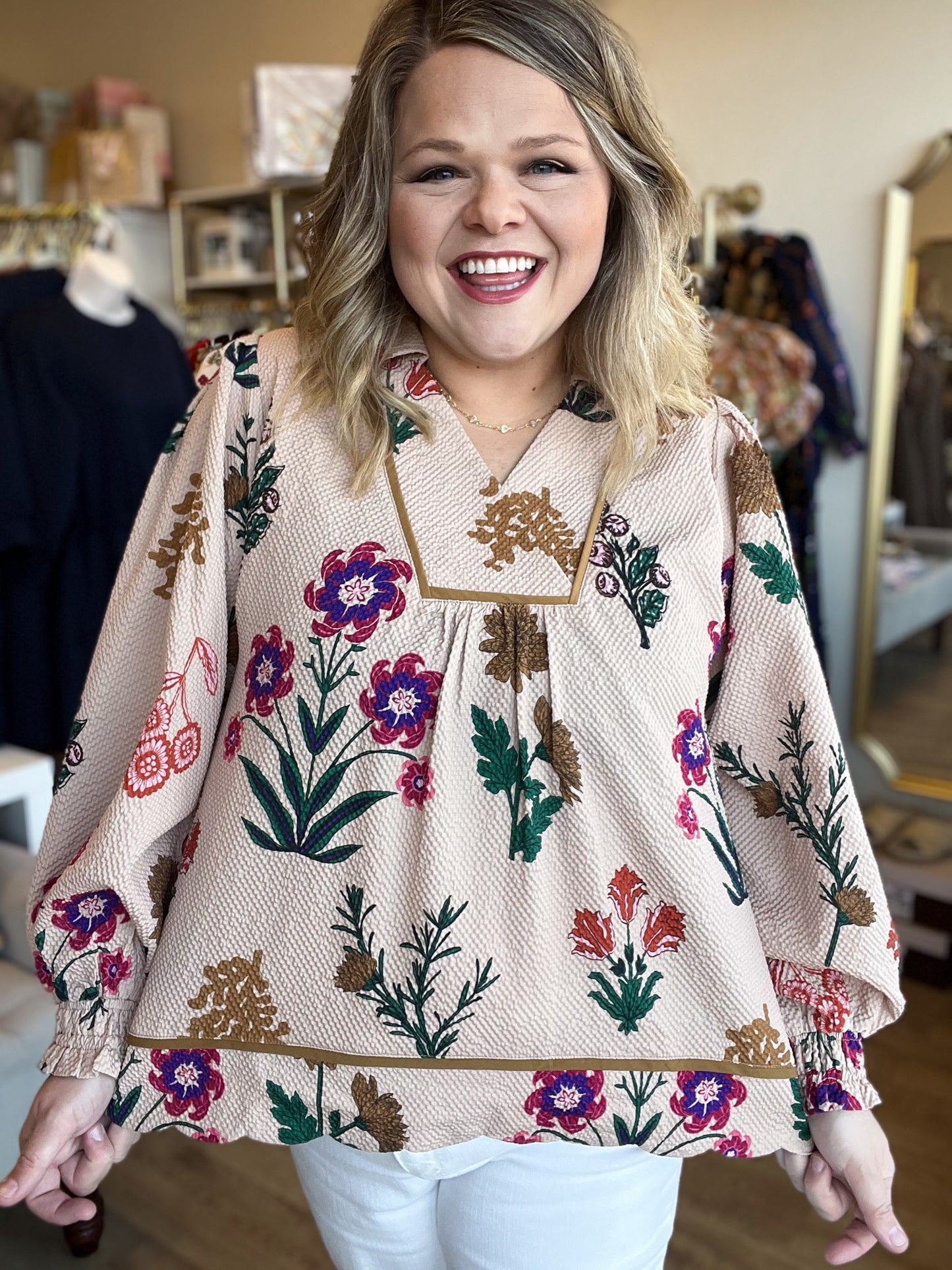 Pasture Flowers Curvy Tan Floral Textured Top