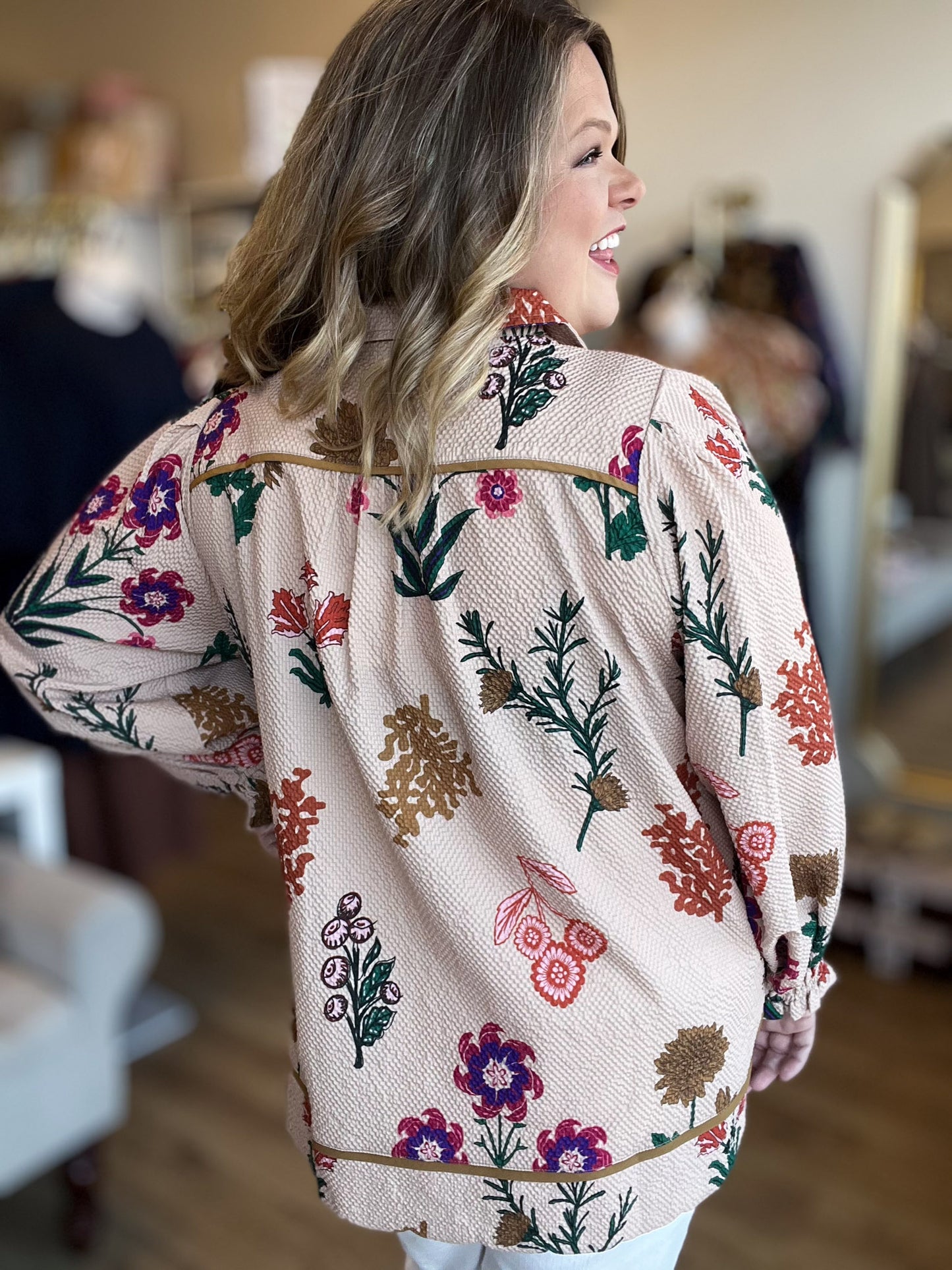 Pasture Flowers Curvy Tan Floral Textured Top