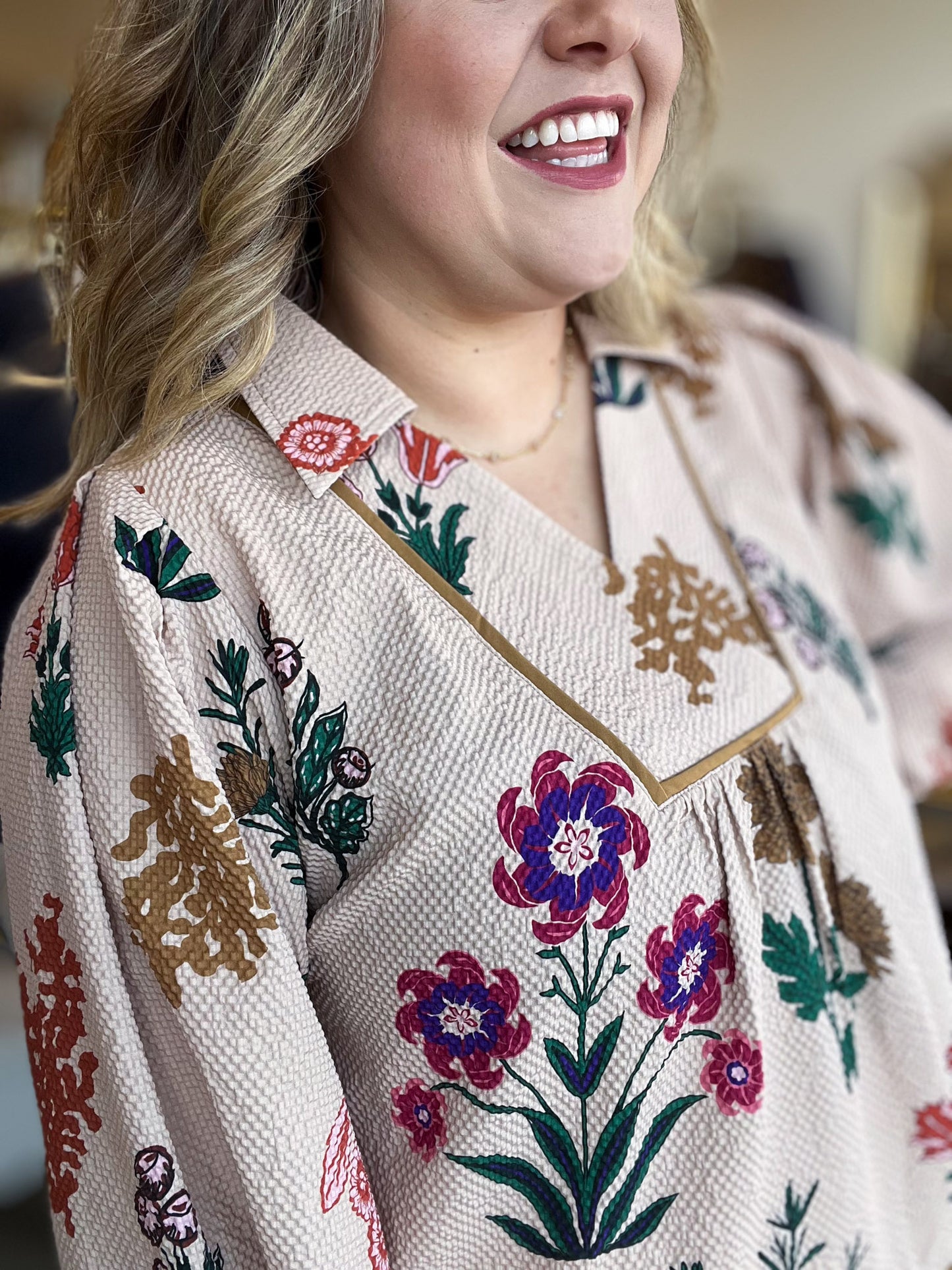 Pasture Flowers Curvy Tan Floral Textured Top