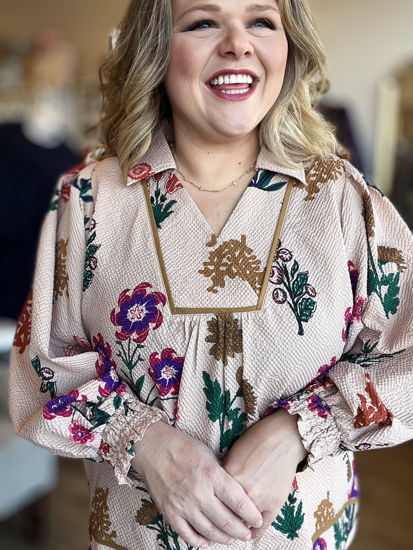 Pasture Flowers Curvy Tan Floral Textured Top