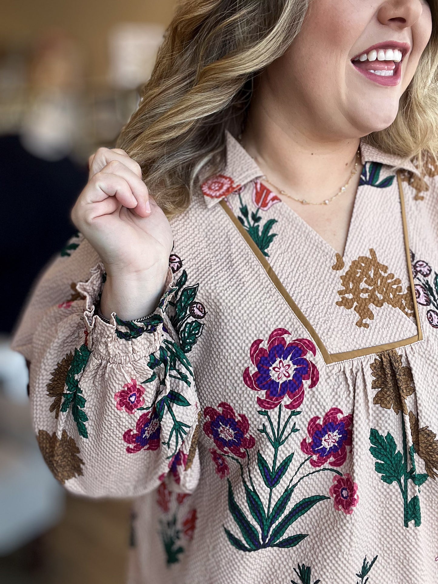 Pasture Flowers Curvy Tan Floral Textured Top