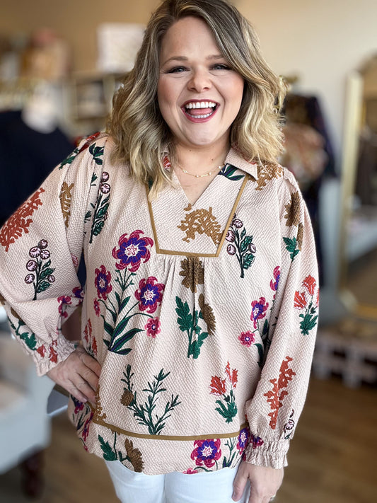 Pasture Flowers Curvy Tan Floral Textured Top