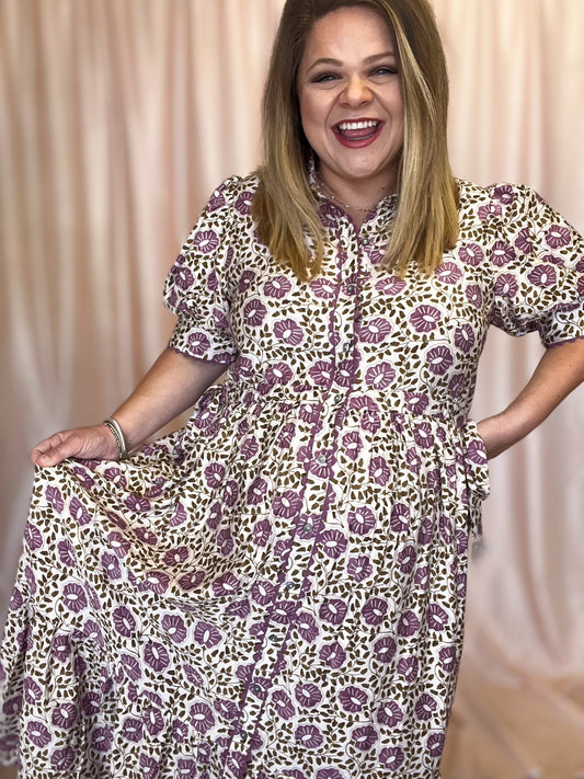 Perfect Purple Primrose Curvy Floral Midi Dress