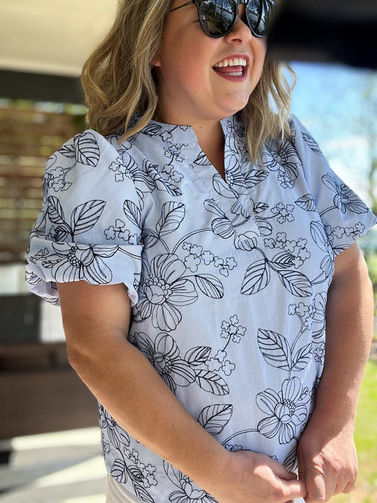 Petals & Pinstripes Curvy Blue Embroidered Blouse