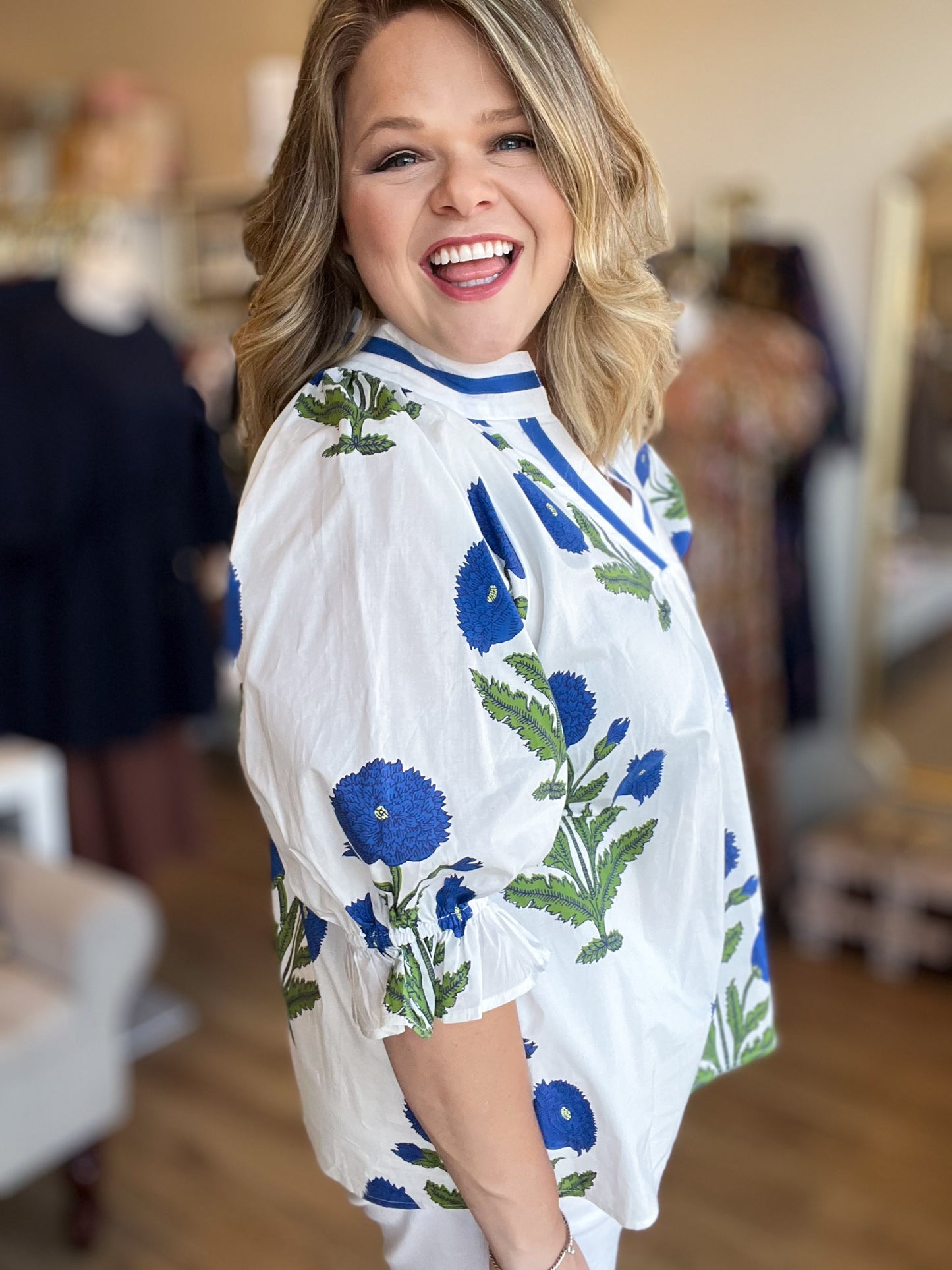 Picking Peonies Curvy White & Blue Floral Top