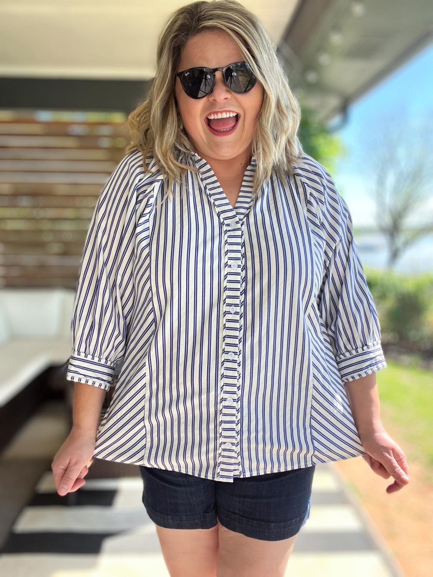 Picnic Pinstripe Curvy Navy Stripe Top