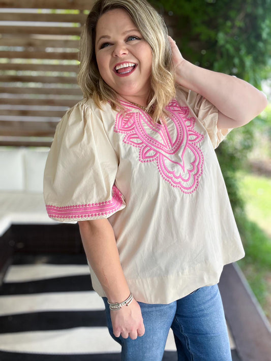 RESTOCKED! Pink Cantina Plus-Size Embroidered Top