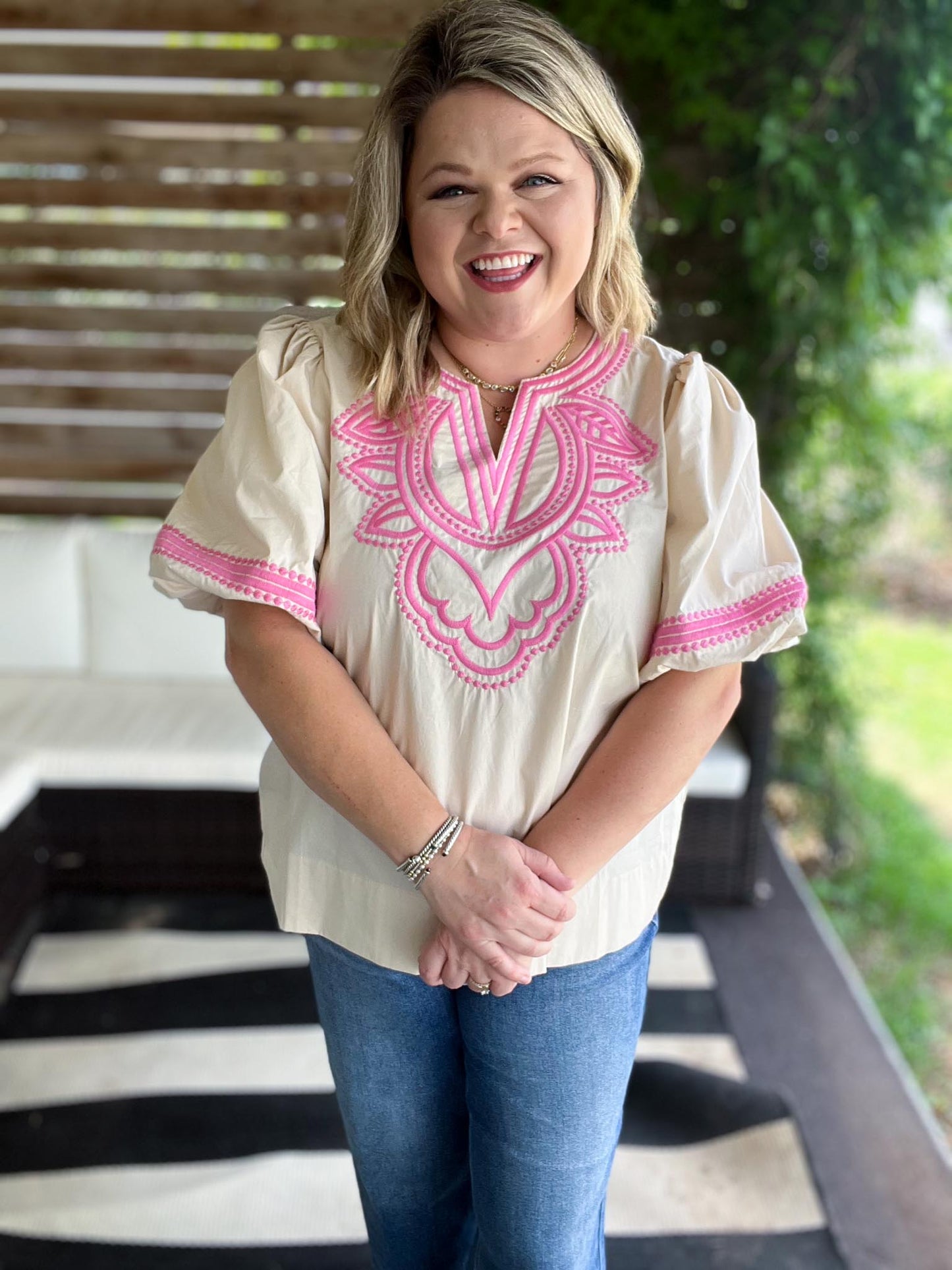 RESTOCKED! Pink Cantina Plus-Size Embroidered Top