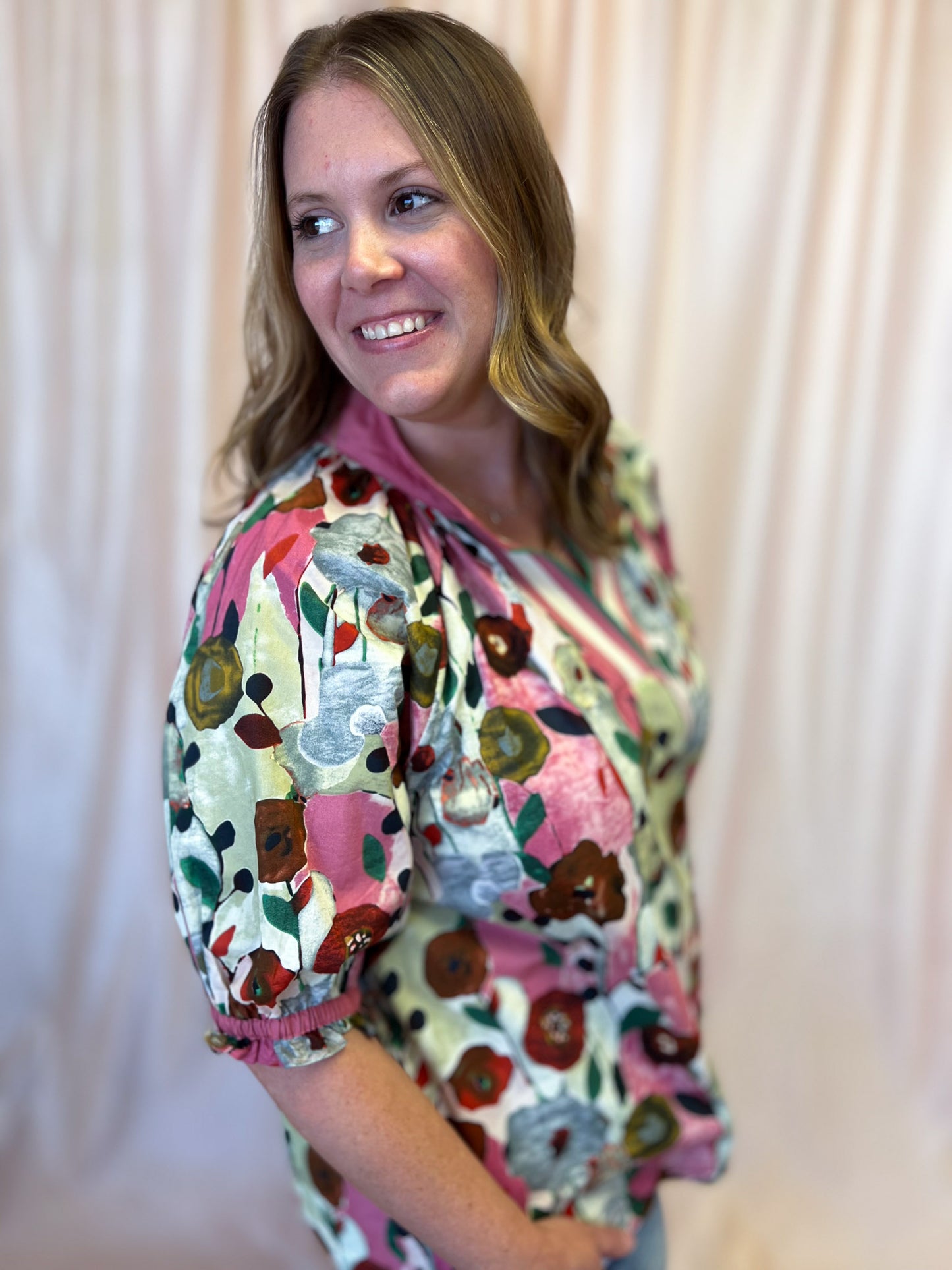 Playful Pansies Curvy Pink Floral Top