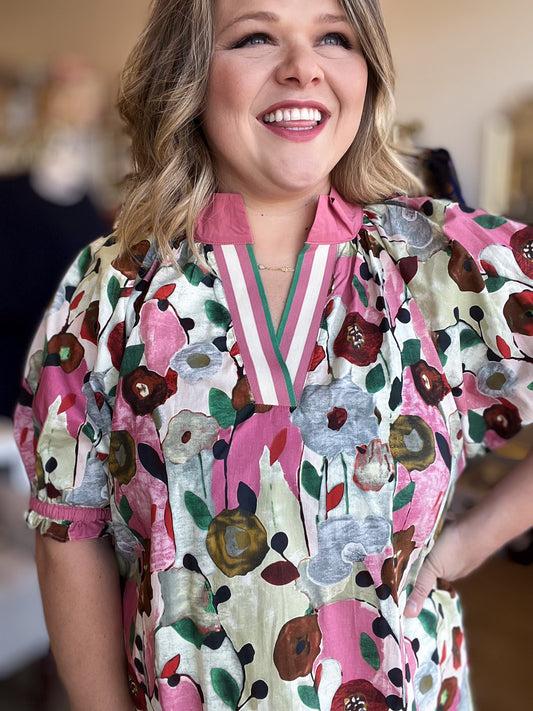 Playful Pansies Curvy Pink Floral Top