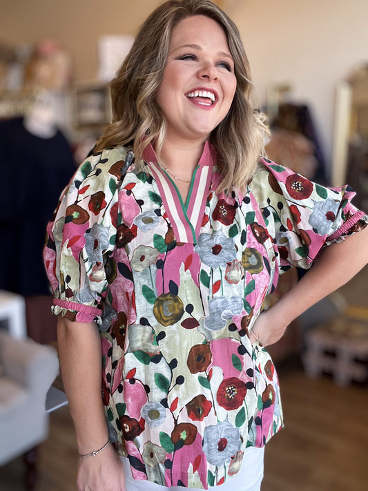 Playful Pansies Curvy Pink Floral Top