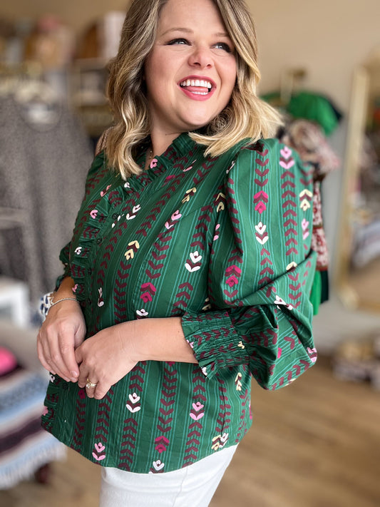 Poise Curvy Green Floral Vine 3/4 Sleeve Top