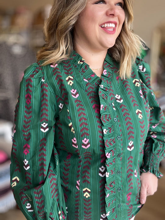 Poise Curvy Green Floral Vine 3/4 Sleeve Top