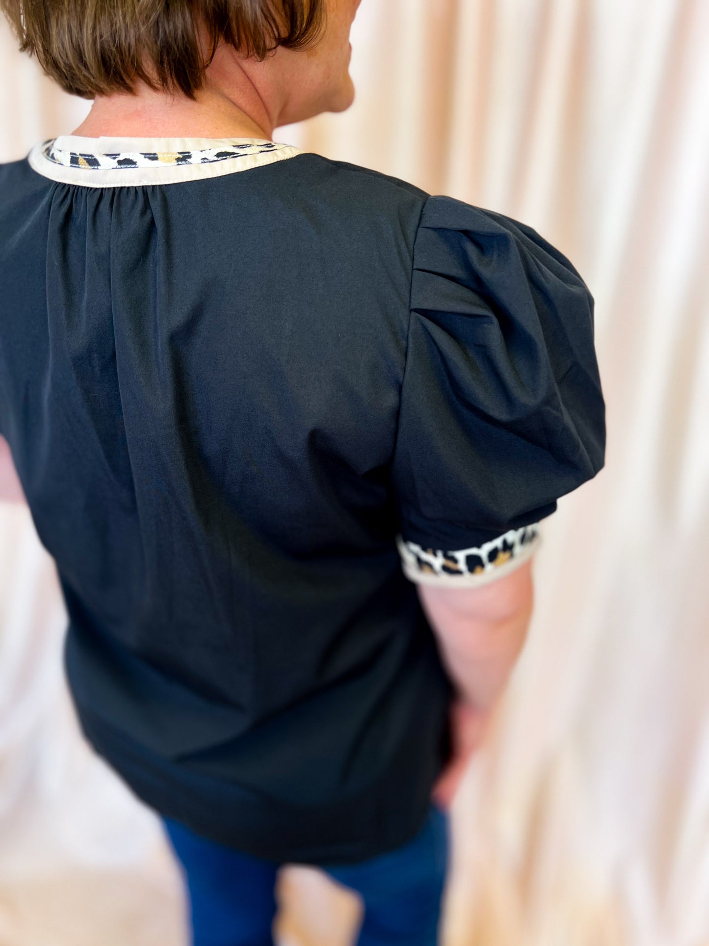Posh in Print Curvy Black Top with Leopard Trim