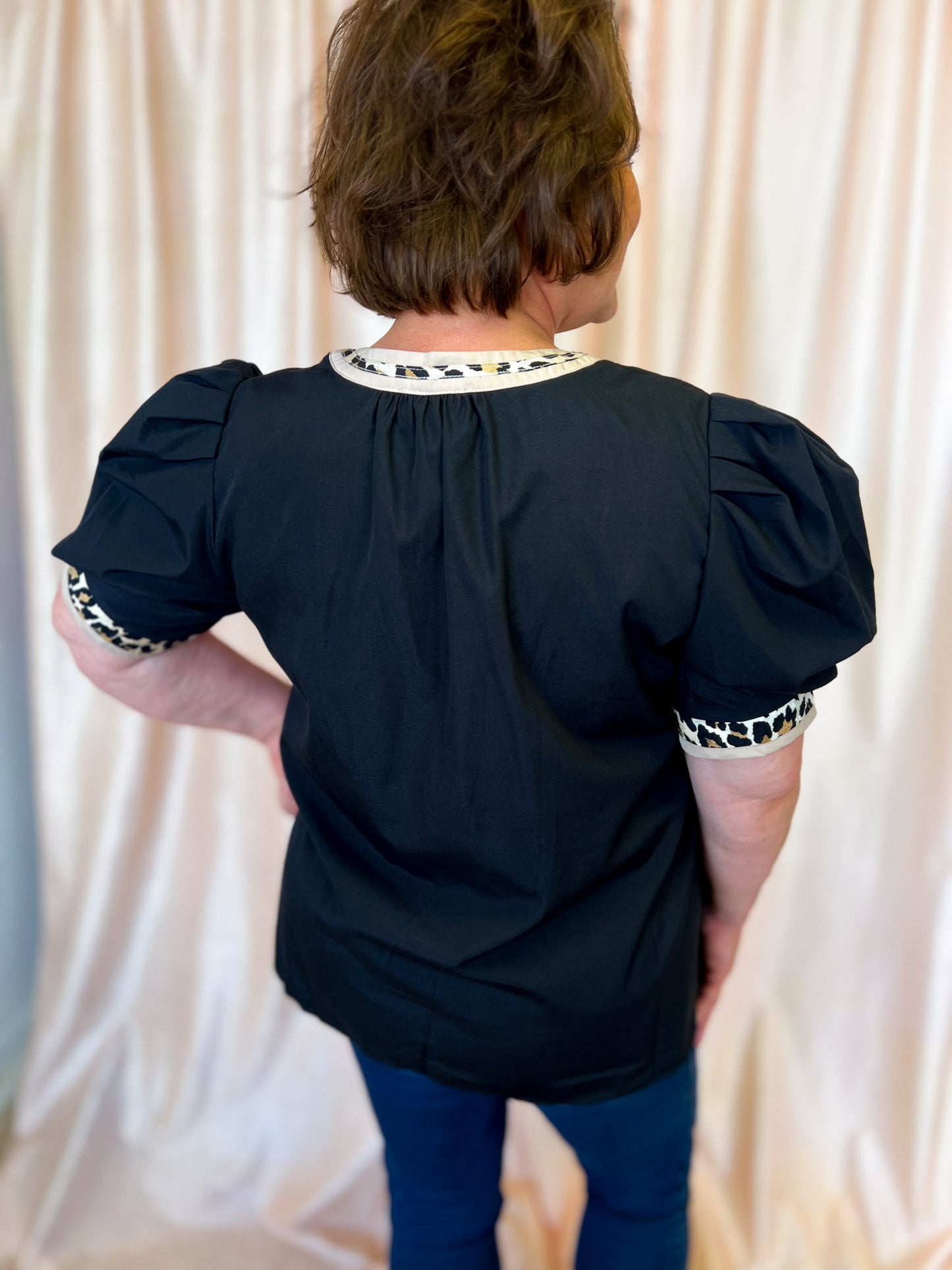 Posh in Print Curvy Black Top with Leopard Trim
