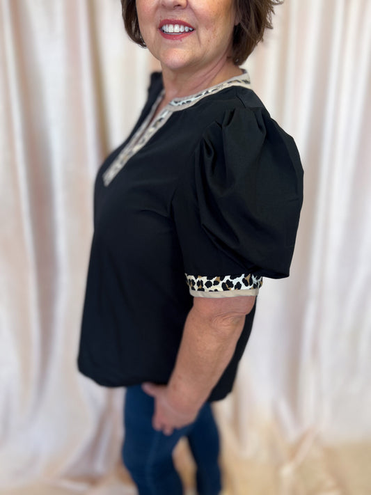 Posh in Print Curvy Black Top with Leopard Trim
