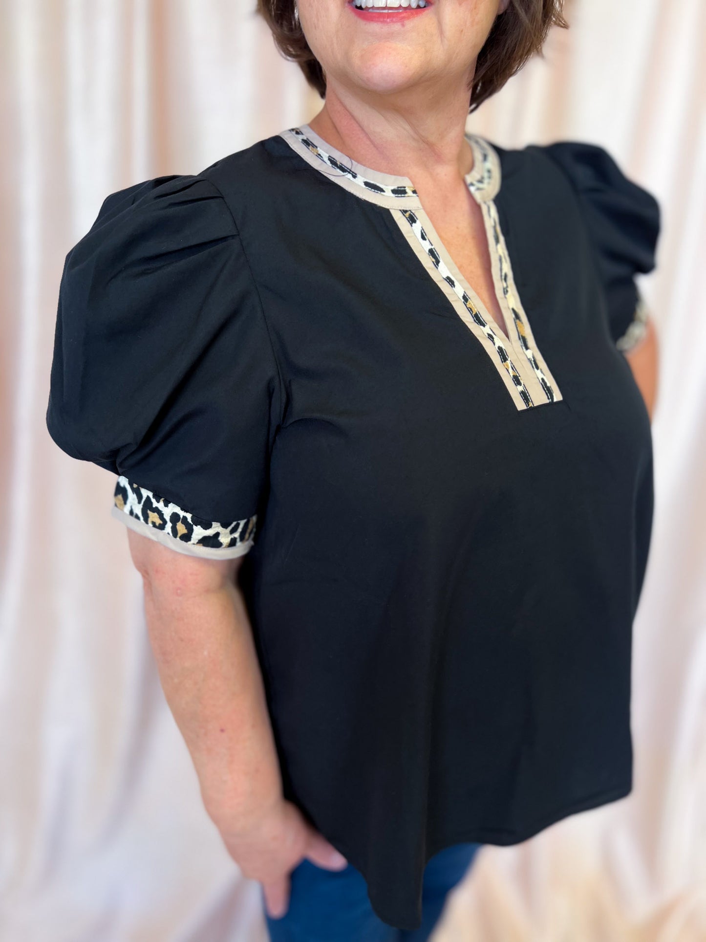 Posh in Print Curvy Black Top with Leopard Trim