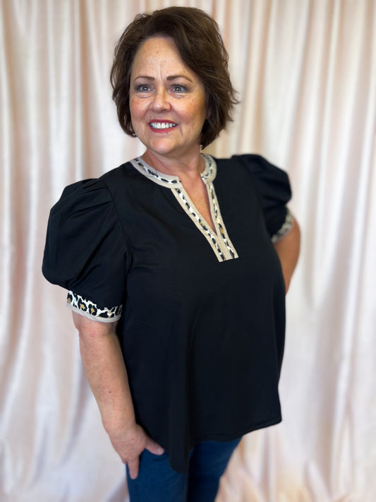 Posh in Print Curvy Black Top with Leopard Trim