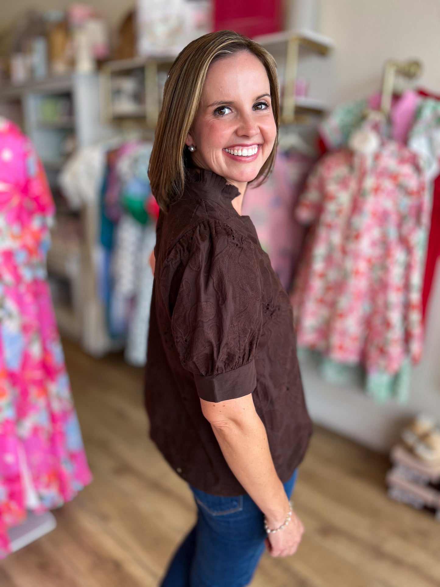Precious Petals Curvy Brown Embroidered Floral Top
