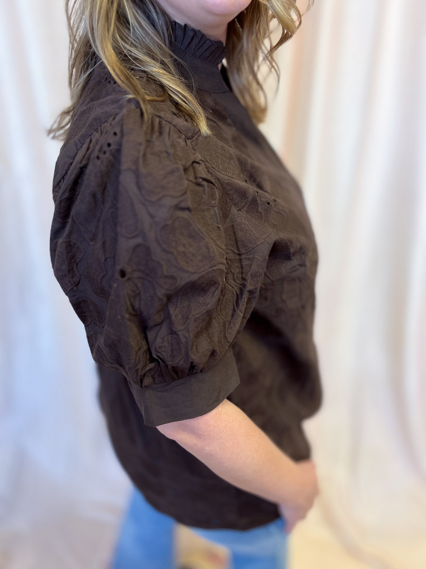 Precious Petals Curvy Brown Embroidered Floral Top