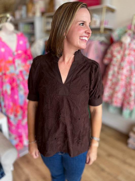 Precious Petals Curvy Brown Embroidered Floral Top