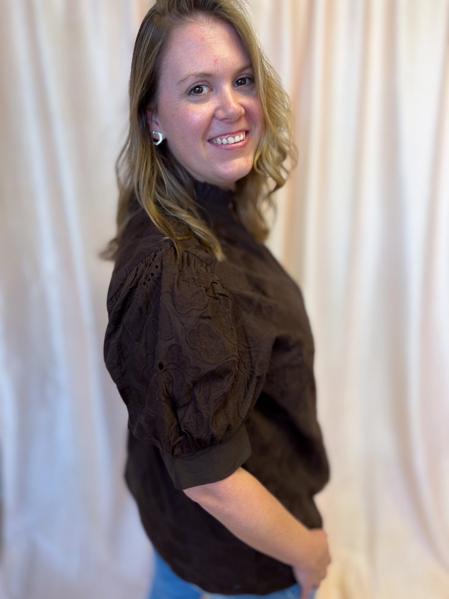 Precious Petals Curvy Brown Embroidered Floral Top