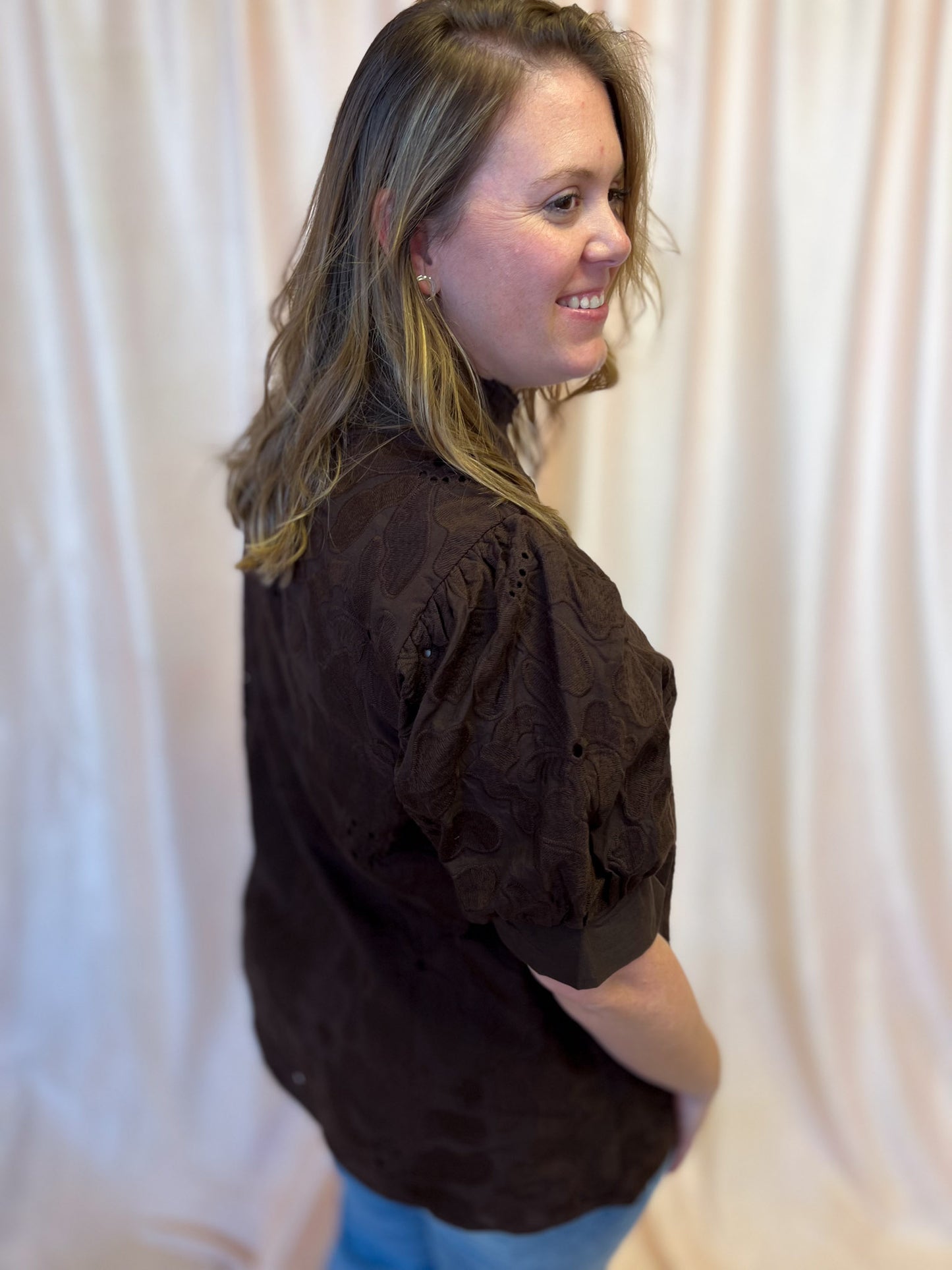 Precious Petals Curvy Brown Embroidered Floral Top