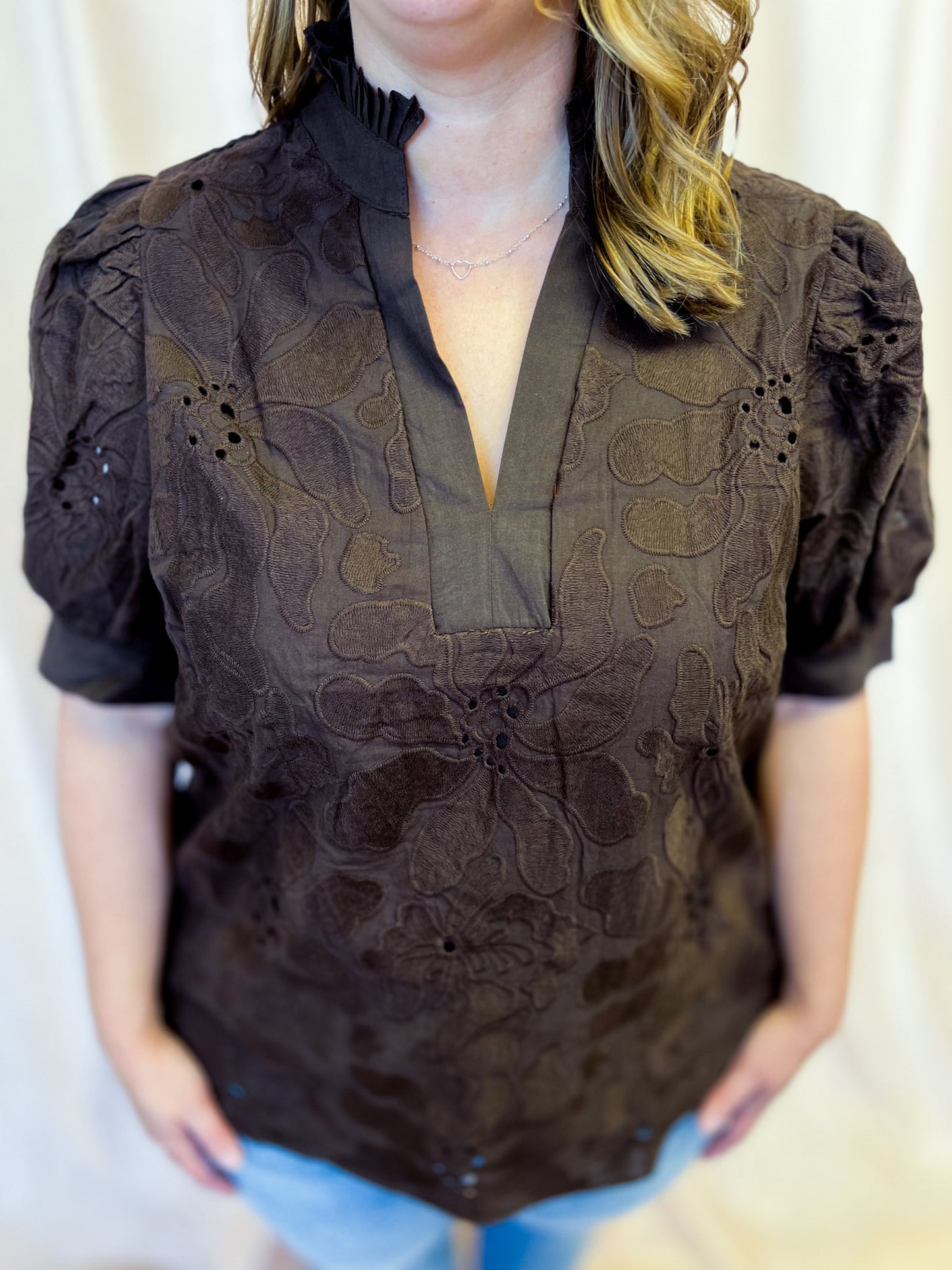 Precious Petals Curvy Brown Embroidered Floral Top
