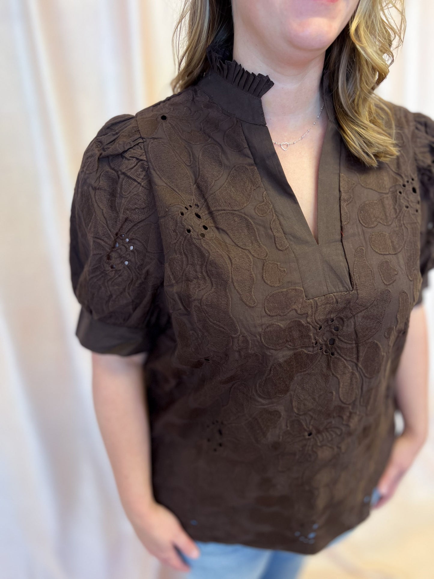 Precious Petals Curvy Brown Embroidered Floral Top