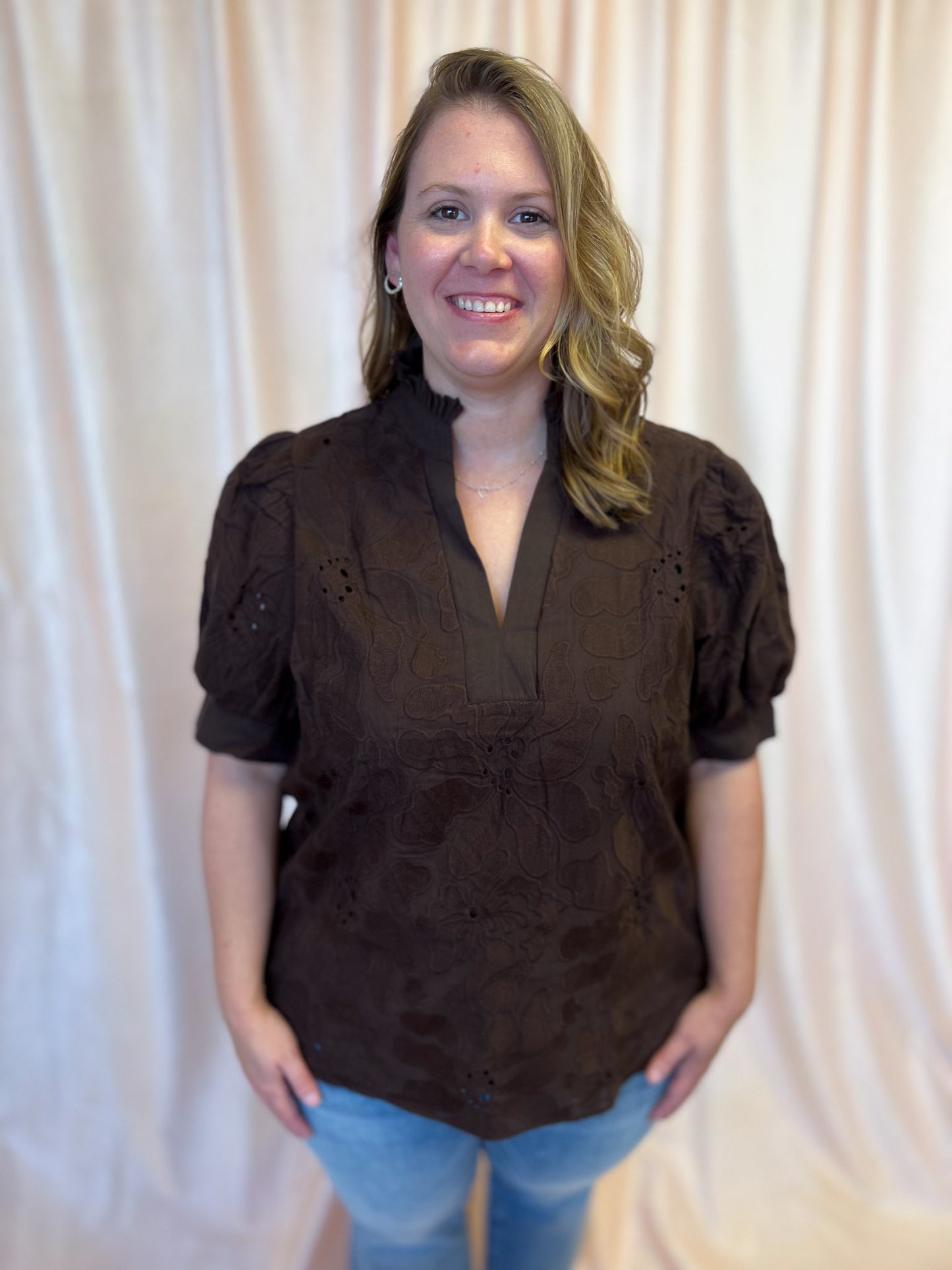 Precious Petals Curvy Brown Embroidered Floral Top